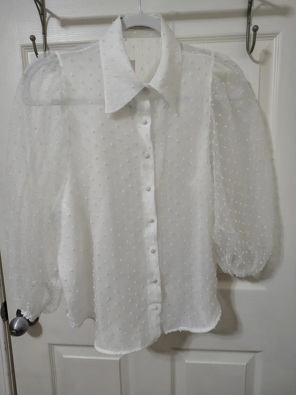 Zara NWT Organza Puff Sleeve Sheer Polka Dot  Button-Up White Blouse Size S